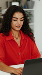 Laptop, typing and woman in office for planning, copywriting and editing article with ideas. Creative, thinking and copywriter person with proposal, research or proofreading on website for newsletter