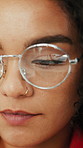 Reading, glasses and woman with eye care, vision and wellness in creative career. Optometry, health and productivity of marketer person with spectacles reflection for research, working or editing