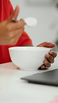 Hands, spoon and yogurt with person at kitchen counter of home for eating or start of morning. Bowl, breakfast and food with woman at table in apartment for healthy diet, nutrition and wellness