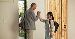 Family, high five and leaving home for school, dad and support for child with backpack or education. Happy man, celebration and morning routine with daughter, academic growth and travel with father