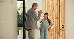 Backpack, getting ready and high five of girl with father leaving home together for school or work. Business, education or help with man and daughter at doorway of apartment for success or support
