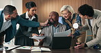 Multi tasking, documents and businessman in office with chaos for finance project with laptop. Heavy workload, phone call and mature male financial manager with colleagues for investment proposal.