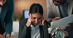 Multi tasking, documents and businesswoman with clock in office with chaos for finance project with deadline. Heavy workload, busy and female financial manager with colleagues for investment proposal