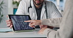 Tablet screen, xray and doctor with woman in hospital for treatment plan, healthcare or explaining. Technology, consultation and medical worker with female patient for radiology scan in clinic.
