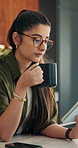 Coffee, tablet and woman with remote work in home for reading, research and planning. Morning, tech news and freelancer or editor with digital app for productivity, proofreading or online article