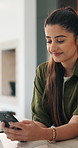 Laugh, reading or woman with phone in home, email notification or message for digital communication. Mobile, social media or happy person with news app for funny story, internet humor or web platform