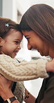 Mother, daughter and hug in house with backpack, bonding and getting ready for creche education. Happy family, caring woman and girl child with embrace, nose kiss and morning routine for daycare.