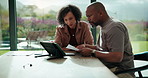 Paperwork, home and couple with tablet for savings, financial expenses and mortgage application. African man, mature woman and budget document, planning solution and happy for tax review with tech
