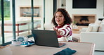 Child, headphones and laptop in home with online education, skill development or completed assignment. Girl, audio tech and computer in house with elearning knowledge, growth and finished assessment.
