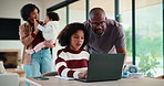 Homework, help and dad with child on laptop for online lesson, elearning and studying for test. Family, home and parents with girl on computer for teaching, virtual class and knowledge for education