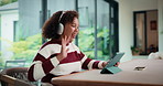 Wave, video call and child on tablet in home for social connection, online chat and talking. Happy, laugh and girl on digital tech with headphones for communication, conversation and hello on website
