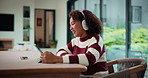 Happy, video call and child on tablet for talking, online conversation and chat for social connection. Home, wave and girl on digital tech with headphones for communication, networking and greeting