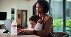 Laptop, woman and remote work with baby in house for email marketing, multitask and connection. Digital marketer, infant and mother with tech for typing newsletter, child bonding and responsibility