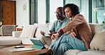 Couple, documents and tablet with budget in lounge for review, point and insight for investment. Mature people, man and woman with paperwork, admin and financial report for asset management on couch