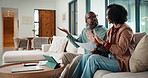 Upset, couple and argue with document in home for finance error, payment fail and debt pressure. African people, disagreement or tablet with mortgage notice, financial bankruptcy and eviction warning