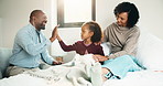 Doctor, stethoscope and mother with daughter in bedroom for consulting, medical advice and heart beat. Treatment, healthcare and high five with woman and child with pediatrician in home for support