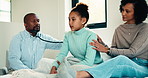 Doctor, heart beat and mother with daughter in bedroom for consulting, medical advice and virus. Treatment, healthcare and stethoscope with woman and child with pediatrician in home for disease