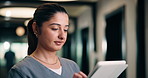 Tablet, woman and nurse in hospital for research on medical diagnosis, telehealth or treatment plan. Technology, professional and female healthcare worker with app for feedback on clinical trial.