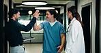 Medical, high five or people in hospital with tablet, good news or positive feedback on treatment plan. Health, collaboration or doctors with tech, surgery success or research breakthrough in clinic.