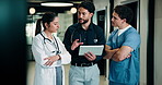 Medical, discussion or team in hospital with tablet, problem solving or patient review for treatment plan. Healthcare, people or doctors in clinic with tech, group insight or feedback in post surgery