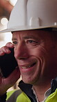Logistics, talking or man with phone call in warehouse, freight negotiation or shipment status update. Smile, speaking or worker with mobile for transport coordination, supply chain or cargo dispatch