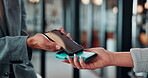 Hands, nfc and phone with businessman in coffee shop for hybrid work, payment or wireless transaction. App, contactless and pos with remote worker in cafe or restaurant for hospitality and service