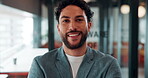 Happy, face and man as small business owner in cafe, coffee shop or pride for career growth. Laughing, entrepreneur portrait and person with smile, confident and startup opportunity in a restaurant