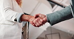 Realtor, greeting or people in agency with handshake, intro or deal closed in agreement. Hello, below or real estate agents with shaking hands, property exchange or success in investment negotiation.