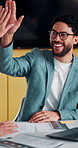 Businessman, smile and high five in meeting with laptop, surprise or notification for project success. Happy, person and teamwork celebration in office with computer, milestone or shock for good news