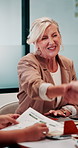 Woman, handshake and meeting with deal for b2b consulting, brainstorming or tasks in office. Mature person, project management or shaking hands for agreement for business, agenda or ideas for team