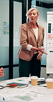 Manager, woman and finance presentation in office for financial reporting, budget results or update. CFO, mature person or team meeting at whiteboard for cash flow analysis, company liquidity or data