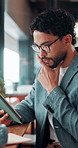 Man, reading and remote work in cafe with tablet, planning or thinking for creative graphic design. Freelancer, person and digital designer in diner with tech, scroll and problem solving for project.