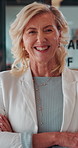 Happy, face or woman in firm with arms crossed, about us or ambition as investment advisor. Smile, portrait or mature finance consultant with confidence, profession or opportunity in risk management.