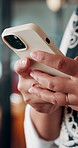 Phone, hands and businesswoman in office with texting, chatting or typing for email on mobile app. Technology, communication and female manager with online contact, feedback or review in workplace.