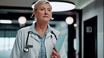 Medical, entry or woman in hospital with walk, shift arrival or morning prep in patient care. Healthcare, stroll or mature doctor with file, workplace operations or getting ready for clinic treatment