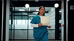 Running, woman and nurse in hospital with documents for emergency treatment, surgery or procedure. Rush, paperwork and Asian healthcare worker with patient portfolio for medical service in clinic.
