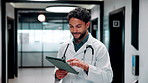 Doctor, man and smile in hospital with tablet, patient medical history or good news for test results. Happy, person or healthcare worker scroll with tech, website or research for telehealth diagnosis