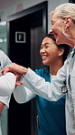 Hands, stack and doctors clapping for achievement, collaboration or hospital celebration. Group, nurses and people together with applause for surgery success, medical service or healthcare support