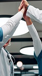 Hands, together and doctors clapping for success, celebration or hospital achievement. Group, nurses and people with applause, unity and team support for clinic, medical service and healthcare
