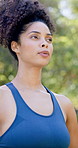 Relax, fitness and woman outdoor in park for exercise, health and wellness with break. Athlete, breathing and female person in nature for cardio workout, training or active with sports in morning.