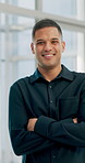 Happy, business and face of man with crossed arms for financial advisor, consultant and about us. Professional, corporate and portrait of person with confidence for career, job and finance agency