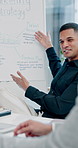Man, presentation and team at office meeting with whiteboard, notes and point at marketing company. Business people, review and mindmap with strategy, research and development with planning at agency