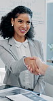 Woman, team and handshake with applause at office meeting for goals, deal or smile at marketing company. Business people, success and shaking hands, achievement or happy for congratulations at agency