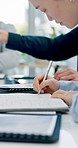 Documents, writing and business people in office with planning for revenue growth with investment. Paperwork, meeting and team of financial advisors with audit report for budget review in workplace.