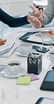 Boardroom, portfolio and hands of business people in meeting for finance review, budget and planning. Corporate, team and workers on tech for financial report, proposal and discussion for investment