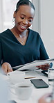 Boardroom, paperwork and woman with business people in meeting for finance review, budget or investment. Corporate, teamwork and workers for financial report, proposal and discussion for portfolio