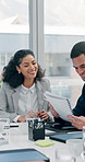 Documents, meeting and business people in office with research for finance report on investment planning. Discussion, paperwork and financial advisors with advice on audit portfolio for budget.