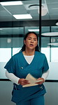Nurse, running and medical emergency in hospital hallway for urgent problem or patient support. Folder, results and healthcare woman in rush for crisis response, surgery or life saving treatment