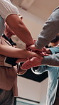 Hands, stack and below of business people in office for teamwork, collaboration and success. Startup, meeting and men with women with applause for support, partnership and celebration for growth