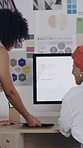 Computer, discussion and business people in office with research for marketing strategies. Technology, feedback and brand advisor with manager for review on creative project at startup agency.